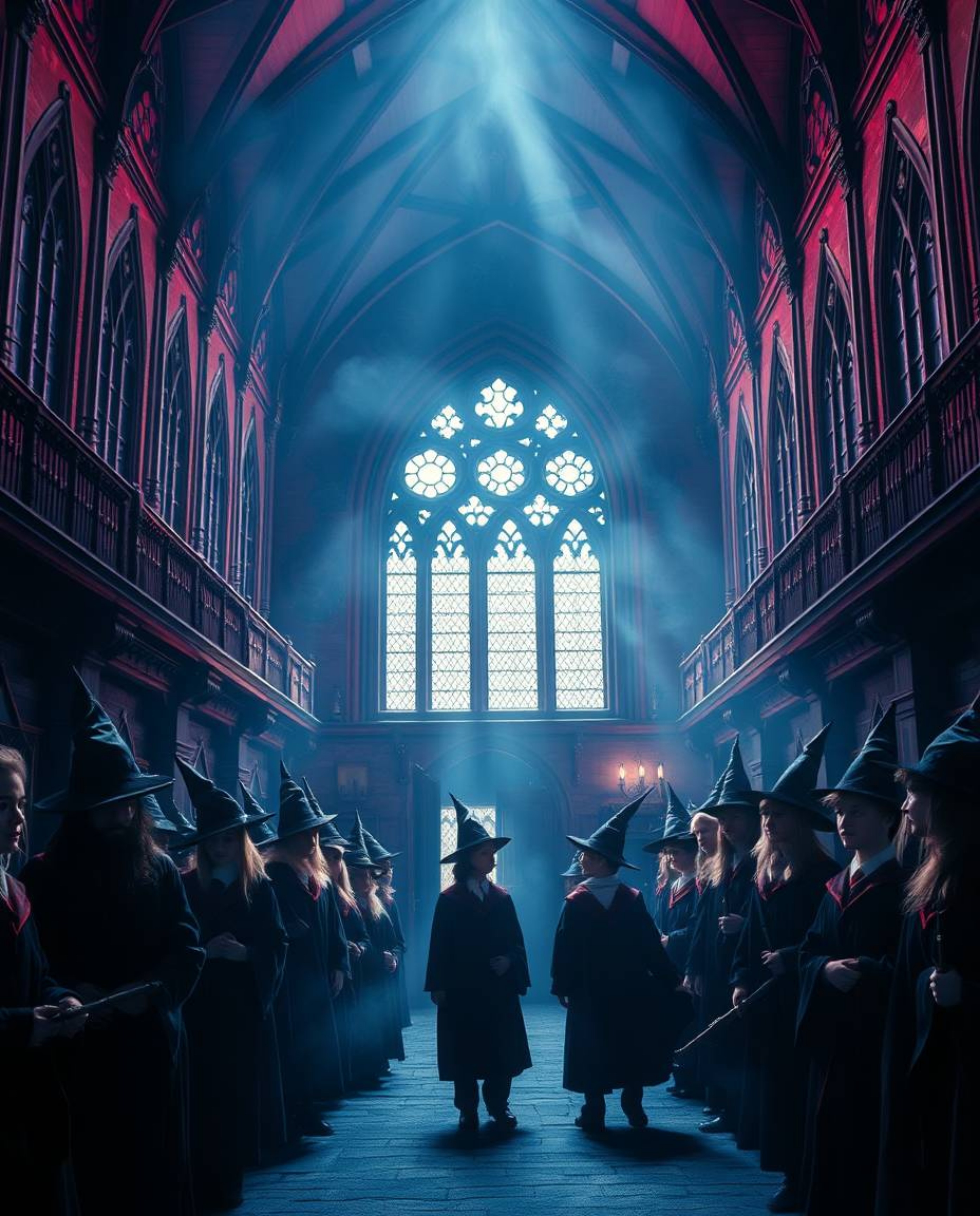 A captivating cinematic image showcases a magical school brimming with young wizards.  Rich burgundy and deep blue tones crea