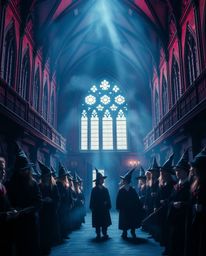 A captivating cinematic image showcases a magical school brimming with young wizards.  Rich burgundy and deep blue tones crea
