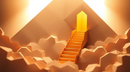 This artwork depicts an intricate origami-style golden staircase ascending through clouds towards a glowing heaven. The silho