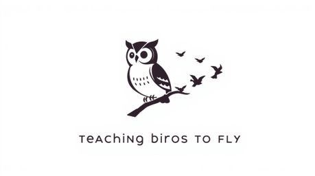 A geometric logo in the style of Pixar, depicting a blind owl teaching birds to fly. The design features clean lines, balance