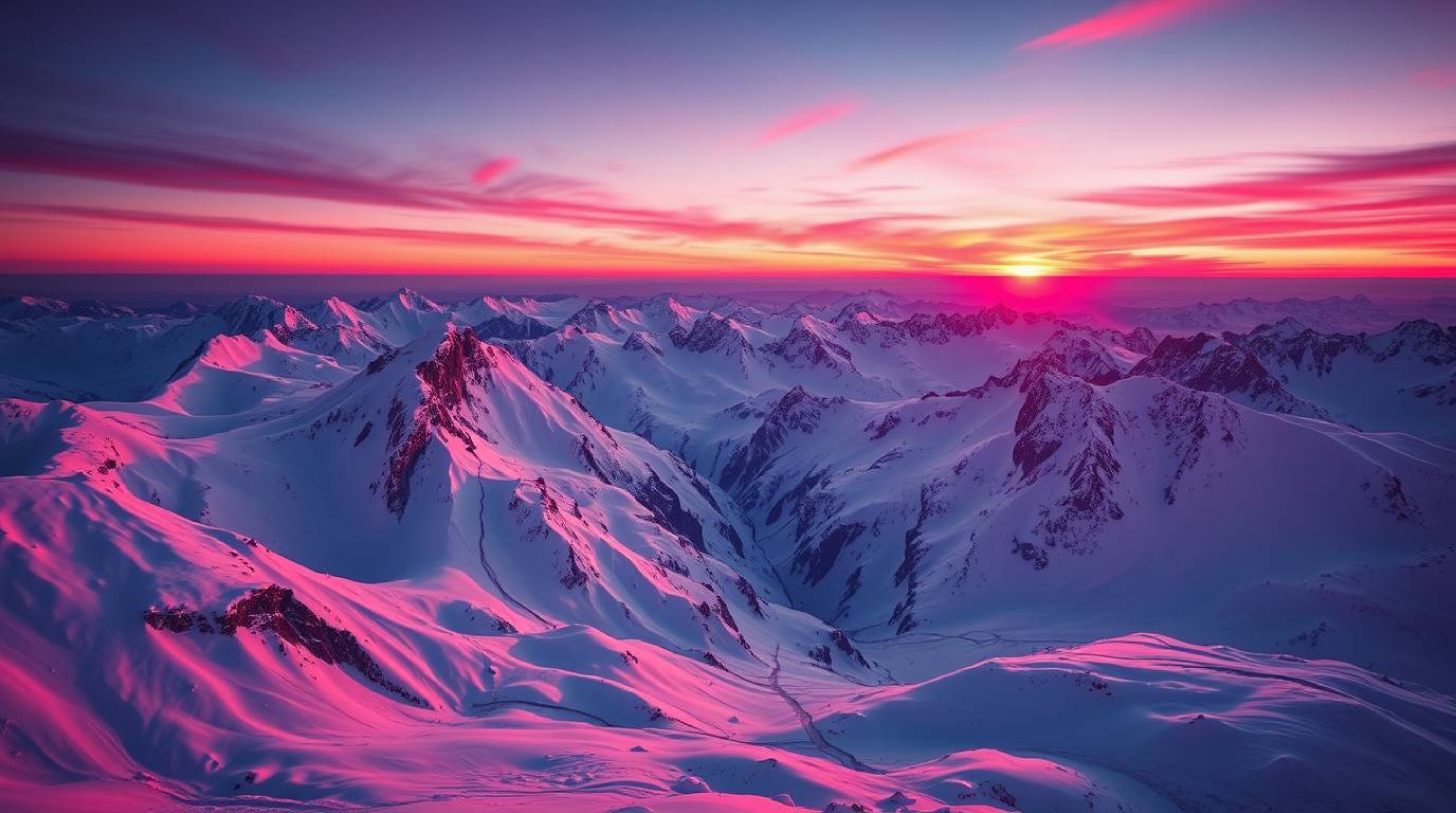 Experience an epic scene of snow-covered mountains bathed in the soft glow of a pastel sunset, all rendered in deep ultraviol
