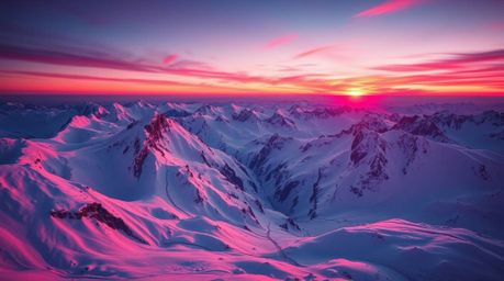 Experience an epic scene of snow-covered mountains bathed in the soft glow of a pastel sunset, all rendered in deep ultraviol
