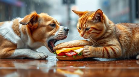 A high-resolution stock photo depicting a comical scene of a dog and cat fighting over a large sandwich in a wet, rainy setti