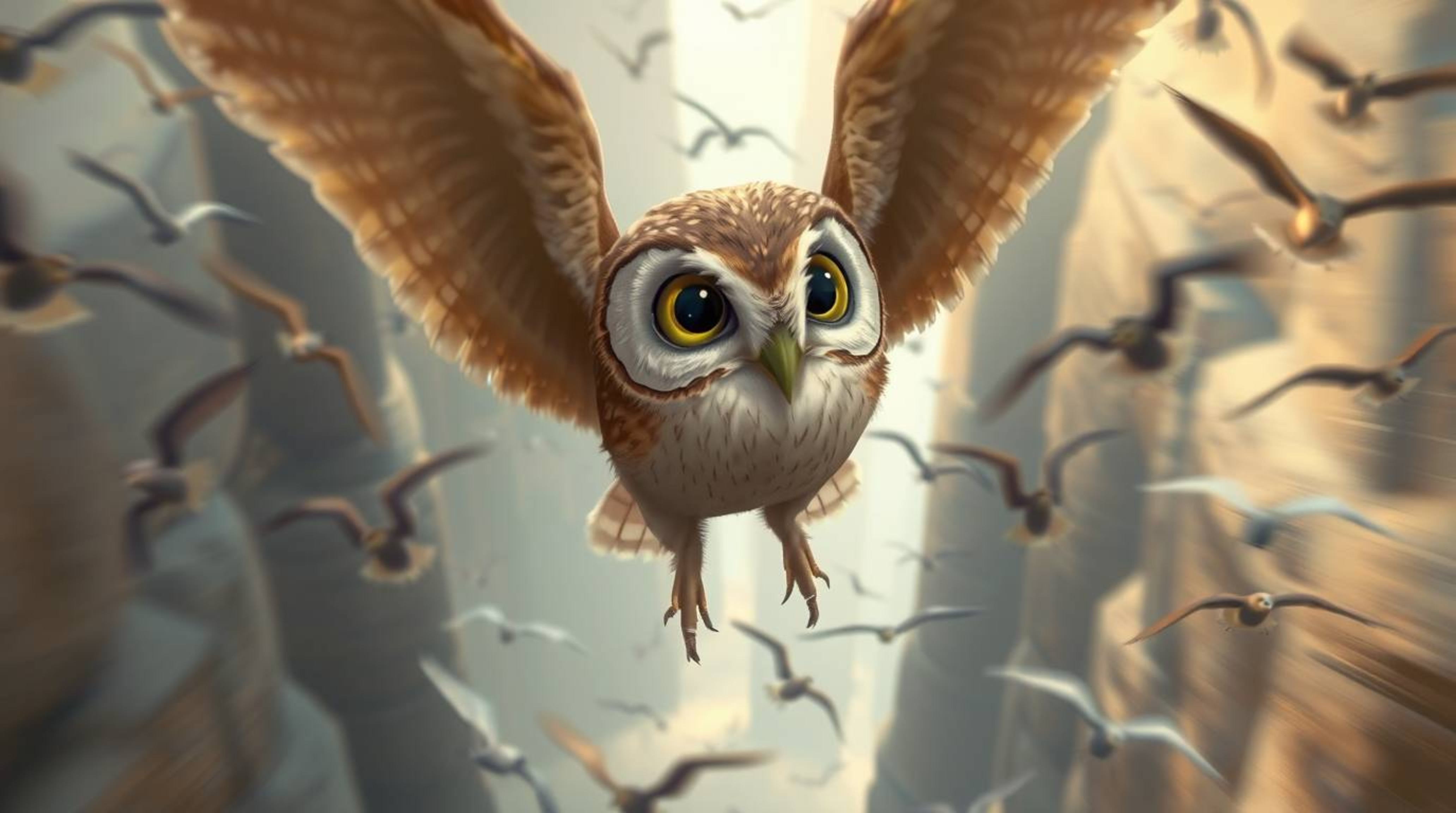 This enchanting Pixar-style illustration captures a blind owl with large expressive eyes and soft, brown feathers as it soars