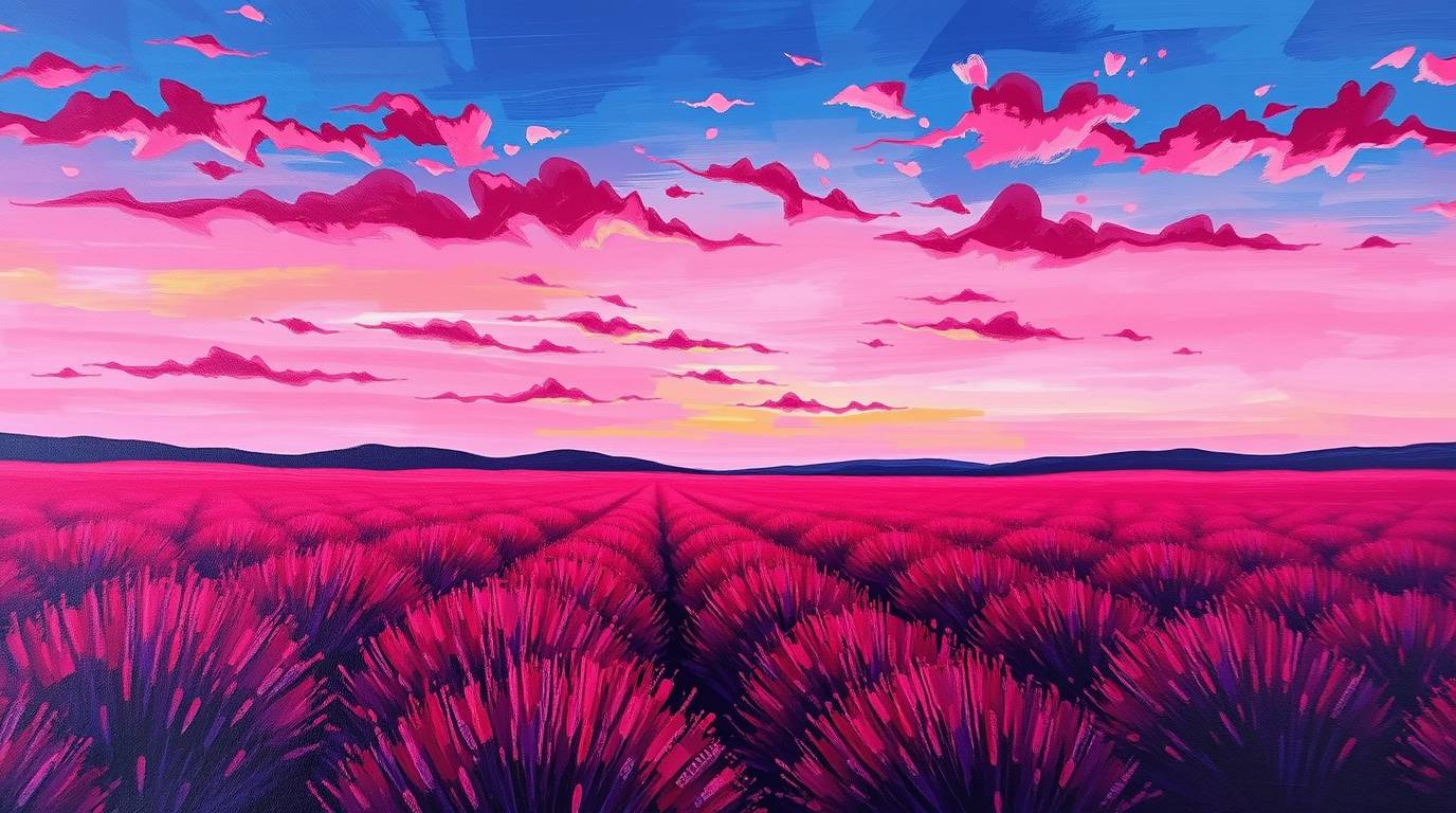 A vibrant and captivating acrylic painting depicting lavender fields bathed in the ethereal glow of a dreamy pink sky. Rich i