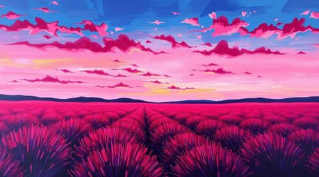 A vibrant and captivating acrylic painting depicting lavender fields bathed in the ethereal glow of a dreamy pink sky. Rich i