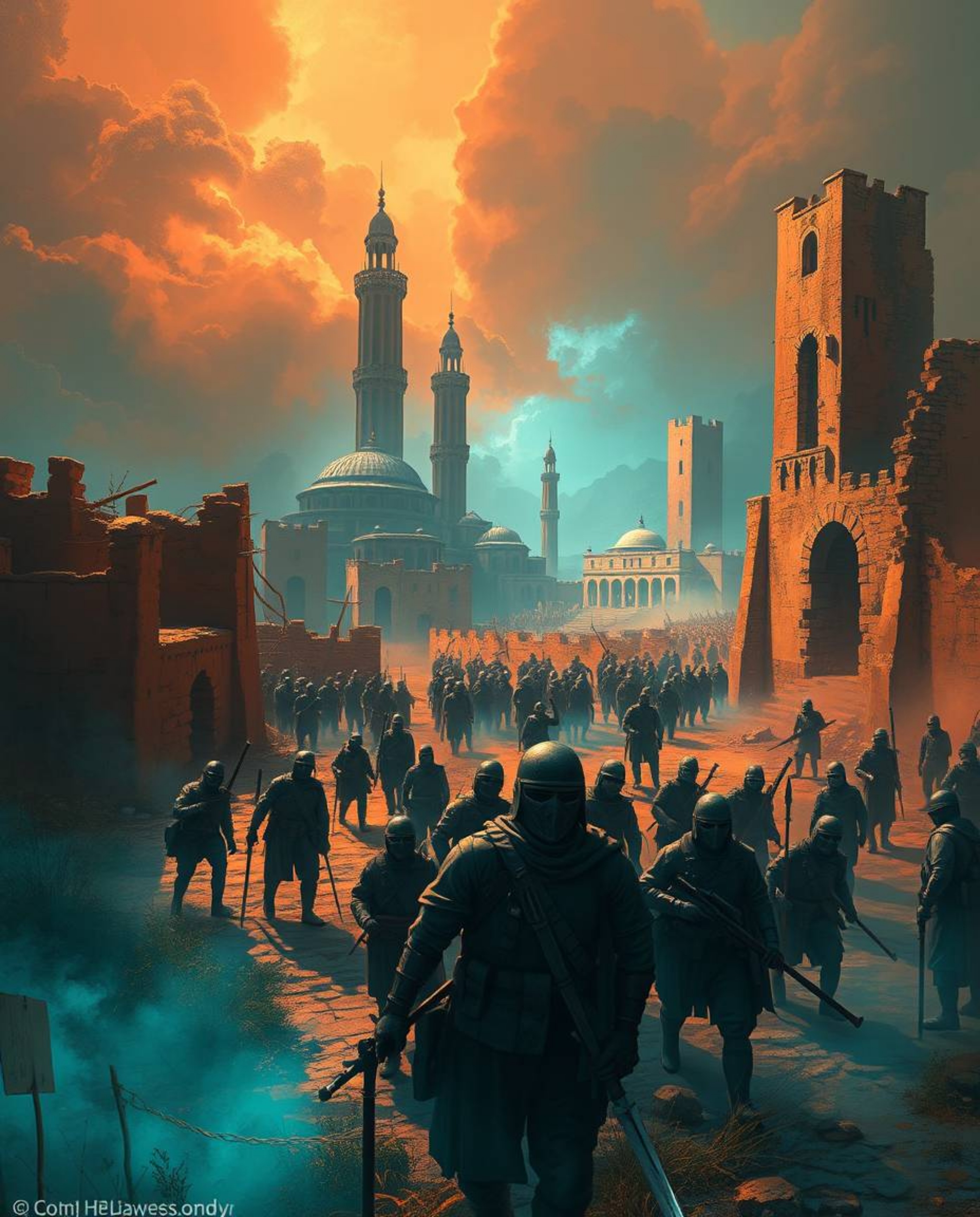 A breathtaking digital painting portrays a battlefield where time-warped soldiers clash amidst crumbling buildings, all illum