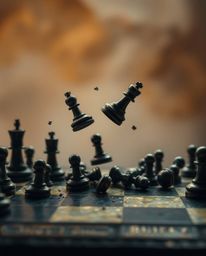 A captivating image featuring a chessboard with pieces frozen mid-air in a moment of dramatic destruction.  The scene is bath