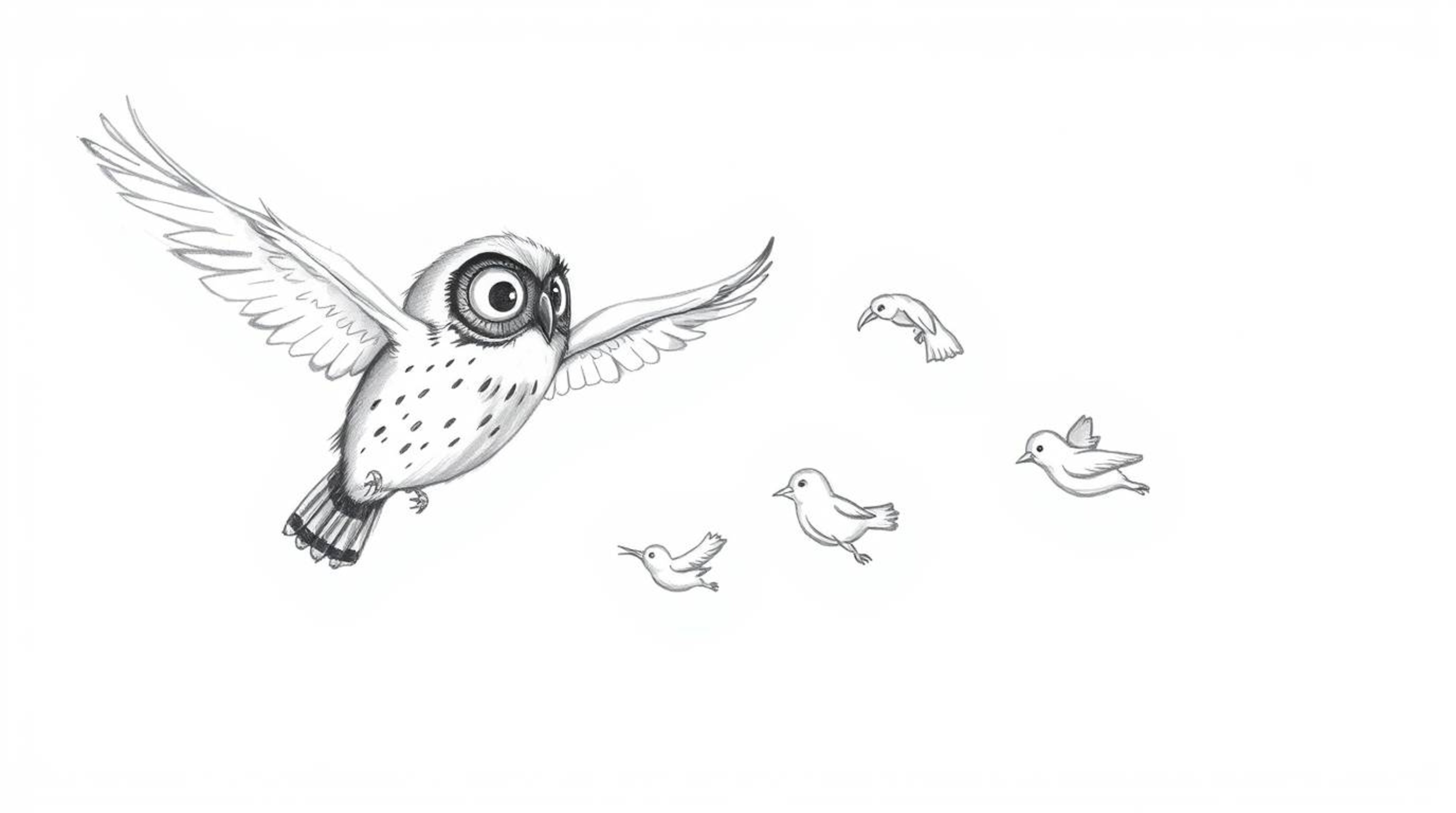 A captivating pencil sketch in a Pixar-like style depicts a blind owl subtly guiding several small birds in flight.  The scen