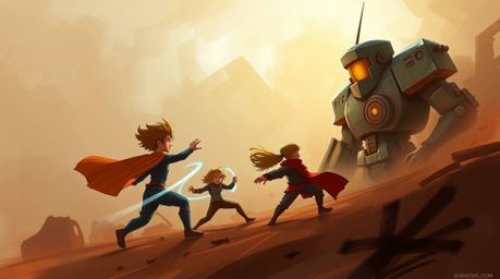 A dynamic digital sketch in complementary epic colors showcases three superpowered children engaged in a fierce battle agains