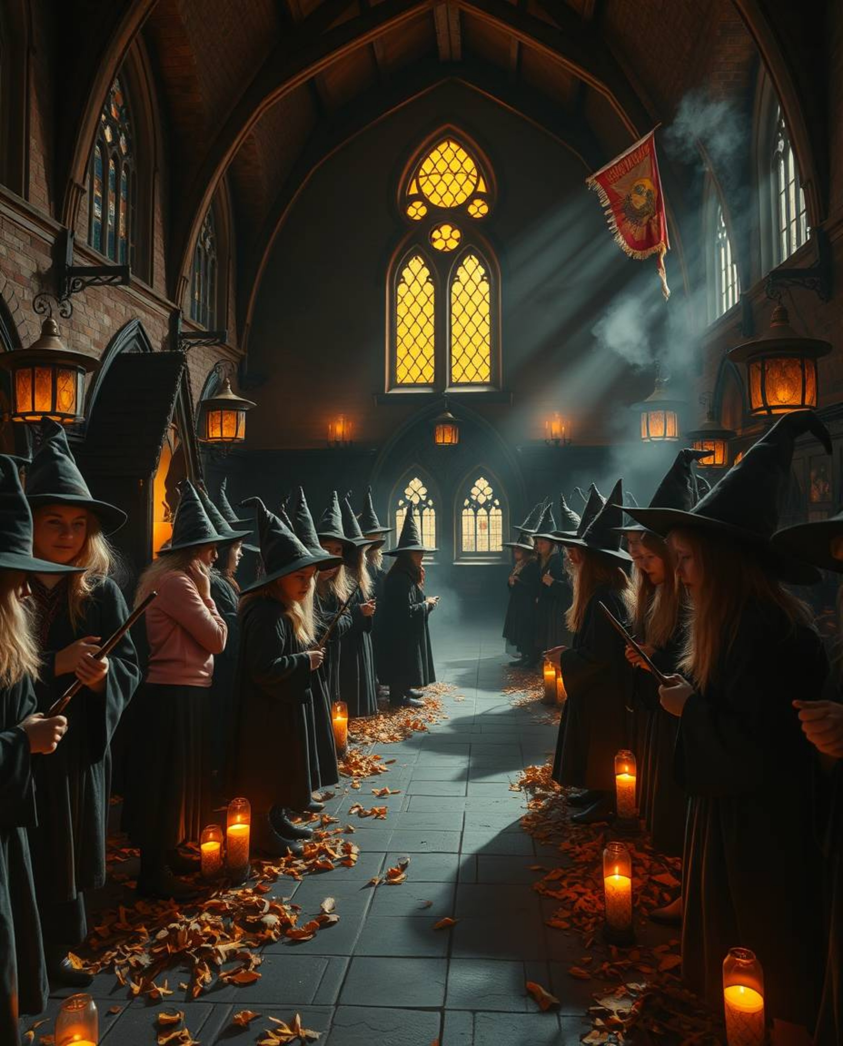 Explore a magical school teeming with young wizards, rendered in warm autumnal hues under intense dramatic lighting. The high