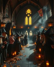 Explore a magical school teeming with young wizards, rendered in warm autumnal hues under intense dramatic lighting. The high