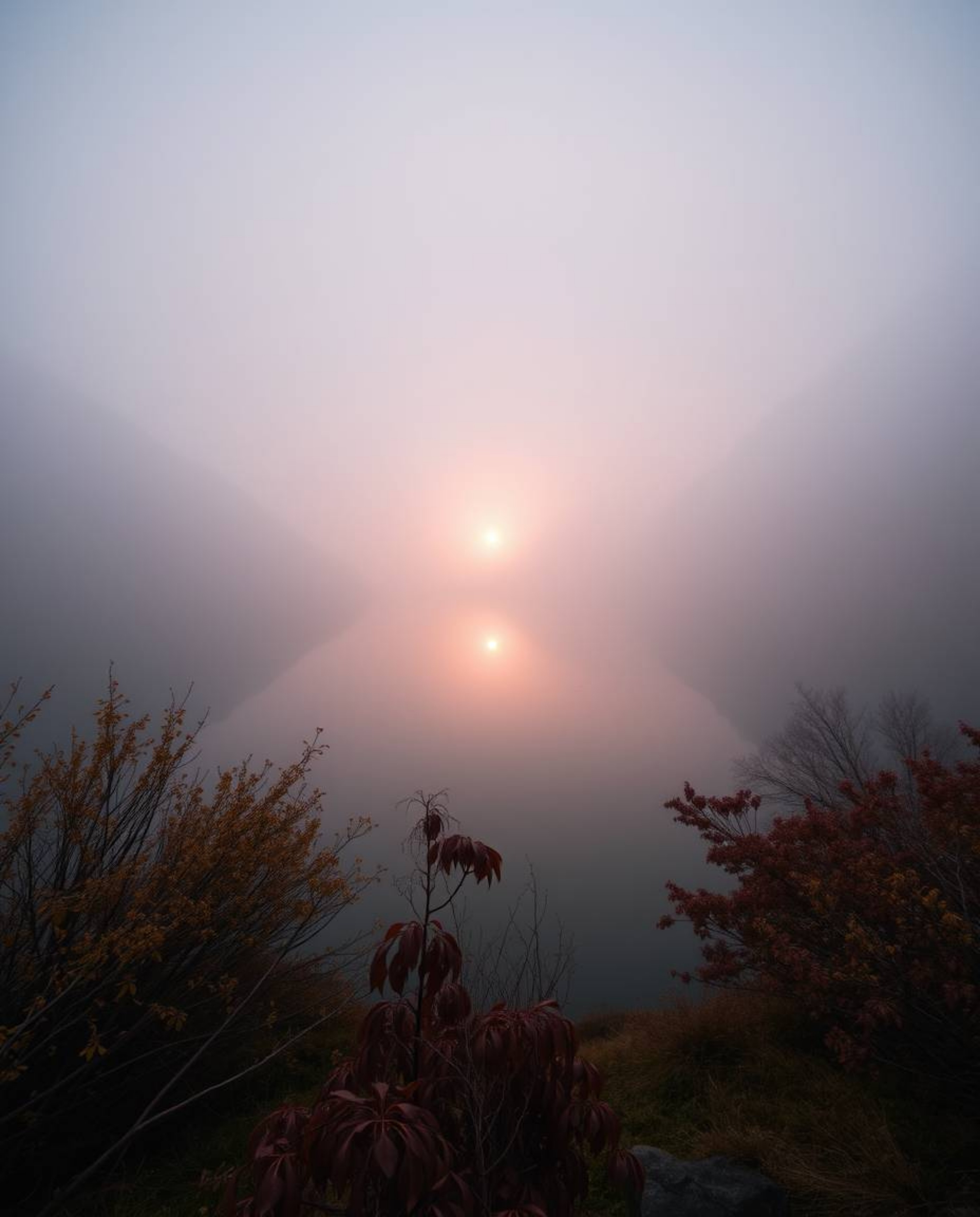 The reflection of a sunset in a glassy fjord is depicted amidst thick foggy surroundings. This artwork is characterized by it