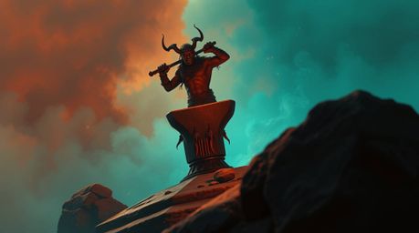 An anvil poised to strike a trickster character, rendered in warm terracotta and cool teal, creates a mystic, enchanting, and