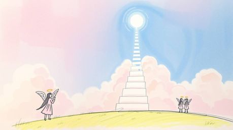 A hand-drawn sketchnote in soft pastel colors depicts light steps ascending into a cloudy sky, watched by angelic figures on 