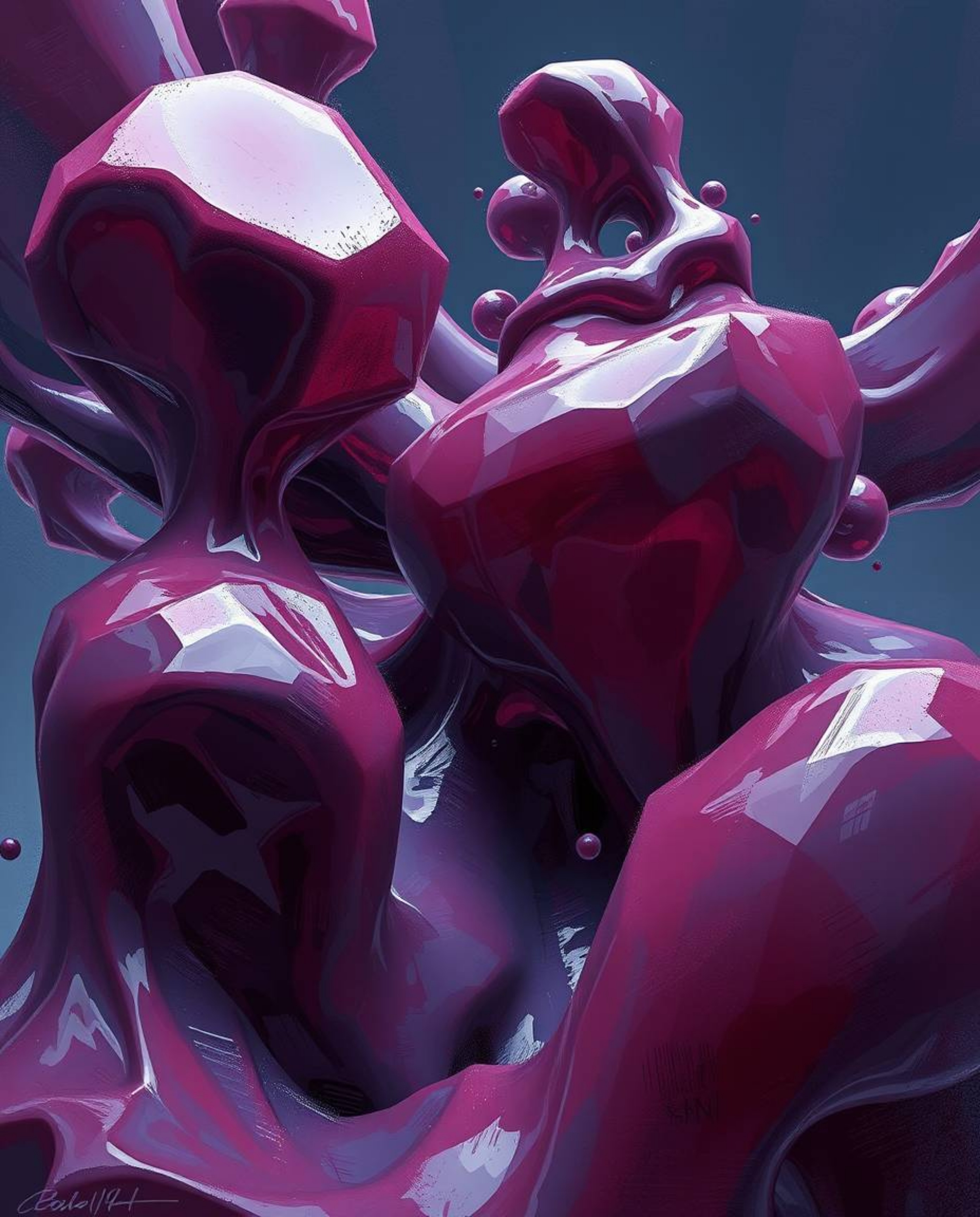 Explore a dynamic digital sketch showcasing surreal 3D fluid shapes reminiscent of melted glass, rendered in rich burgundy an