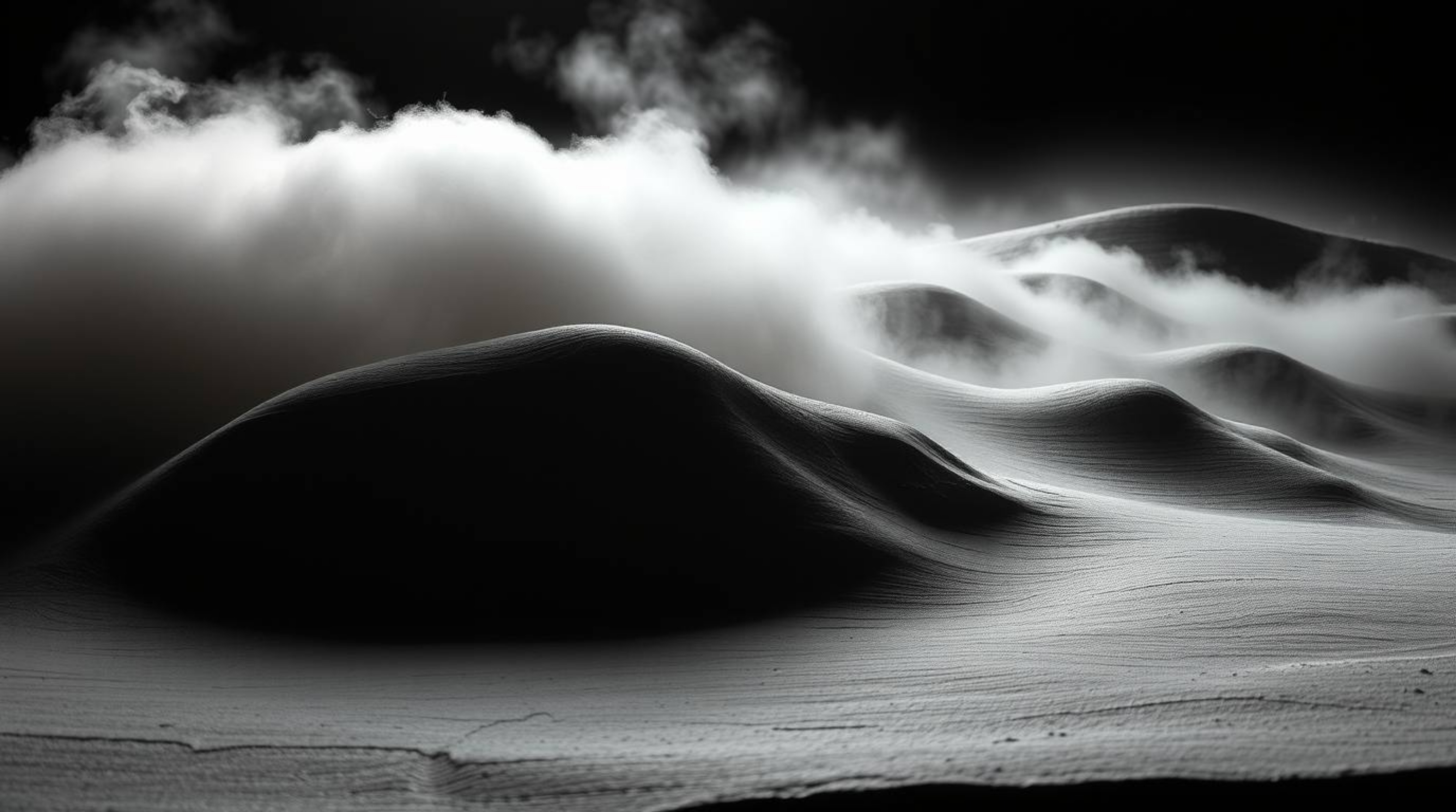This stunning sculptural clay art piece captures the dramatic beauty of fog-covered hills at sunset.  High-contrast, low-key 
