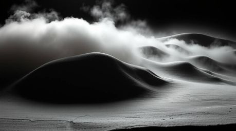 This stunning sculptural clay art piece captures the dramatic beauty of fog-covered hills at sunset.  High-contrast, low-key 