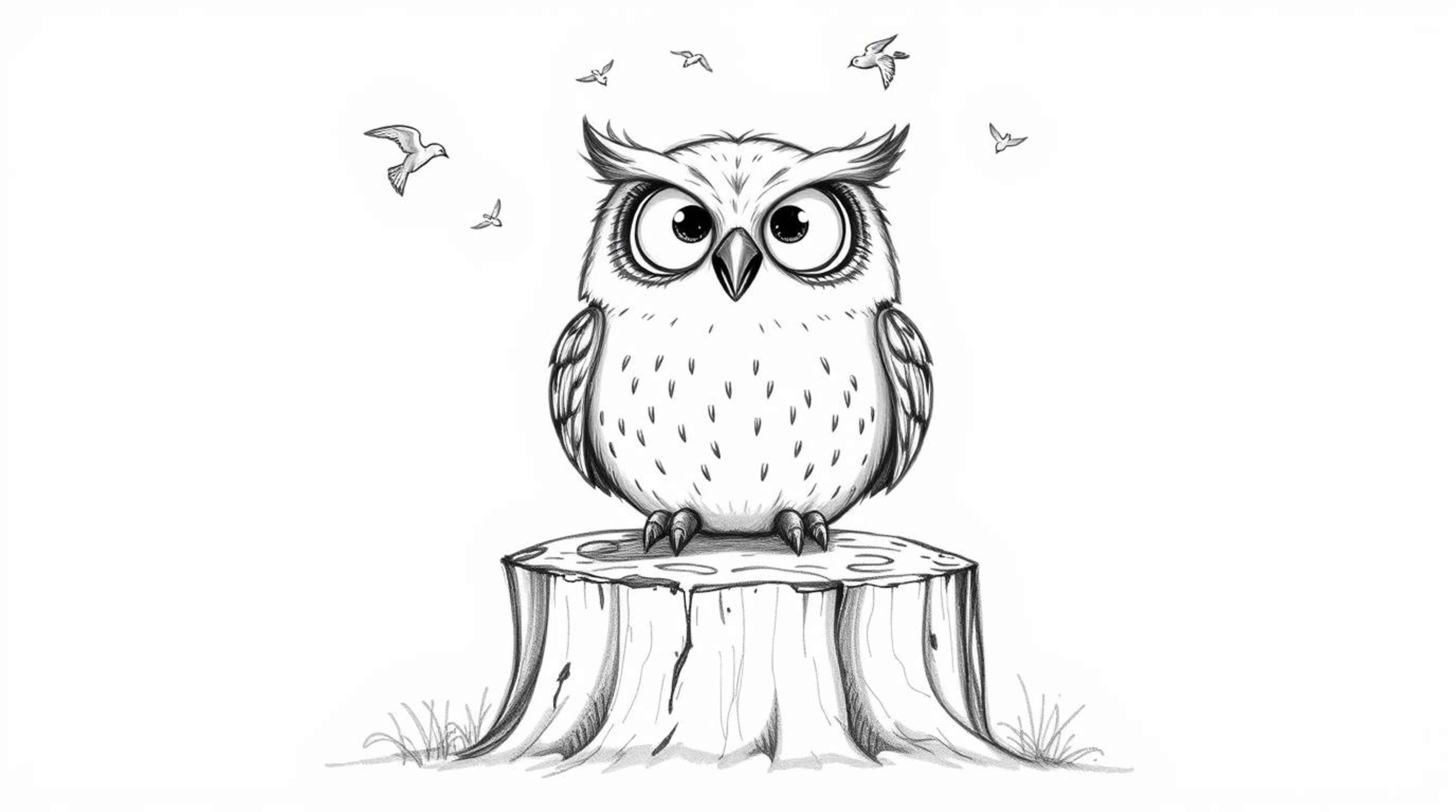 A heartwarming hand-drawn Pixar sketch depicts a blind owl radiating pure joy as it sits on a weathered tree stump. Small bir