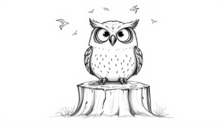 A heartwarming hand-drawn Pixar sketch depicts a blind owl radiating pure joy as it sits on a weathered tree stump. Small bir