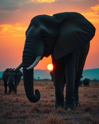 Dramatic cinematic style architectural color photography of elephants walking across a sunset field, using warm terracotta an