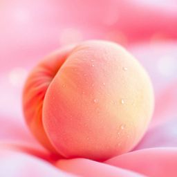 A captivating close-up ASMR image featuring a soft, blushing pink peach delicately placed on silky pastel pink fabric. The pe
