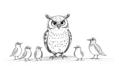 A charming hand-drawn sketch in the style of Pixar depicts a gentle, blind owl teaching a class of birds at sunset.  The illu