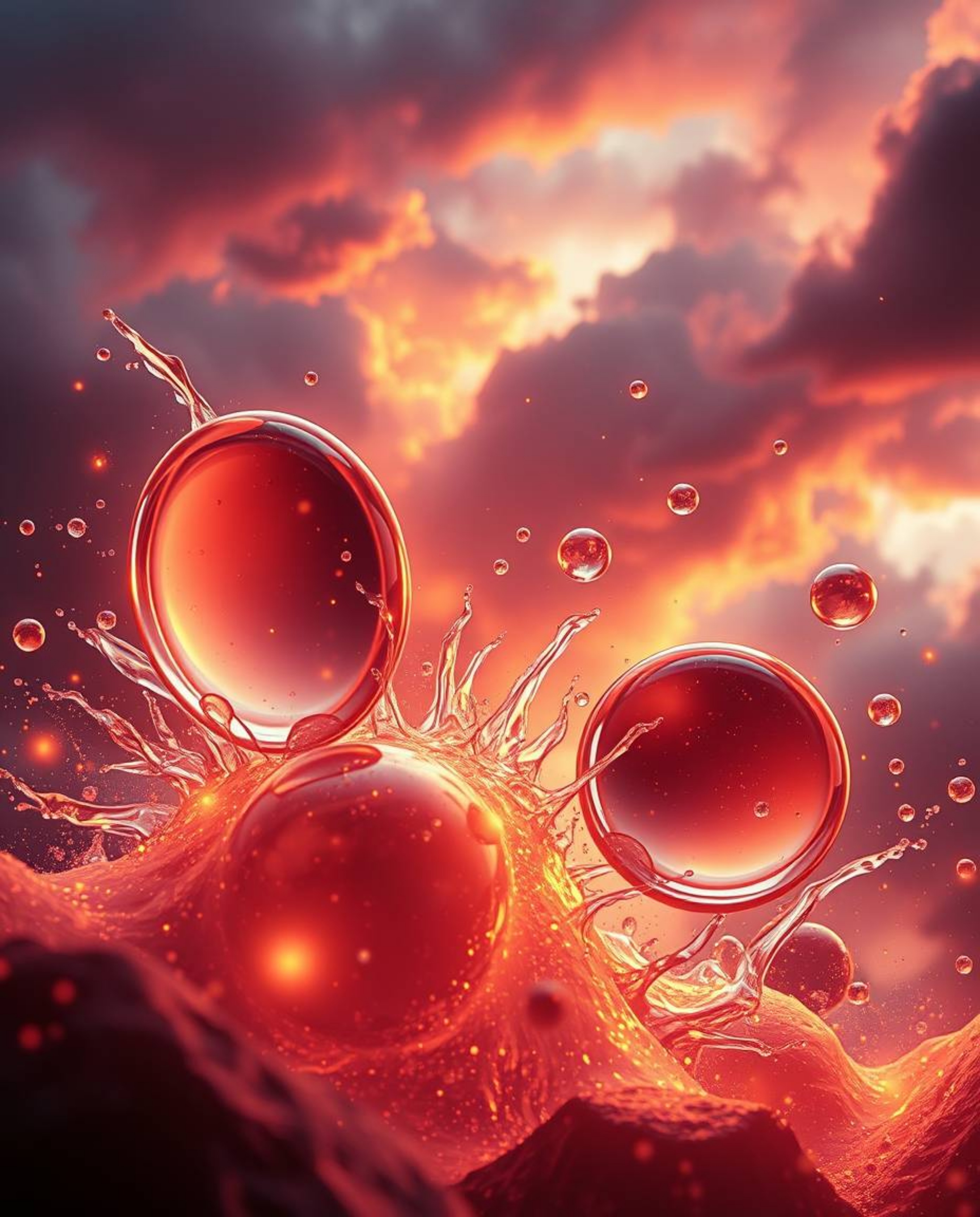 A high-tension image showcasing glassy fluid 3D shapes in dynamic motion, enveloped by a mesmerizing dance of glowing particl