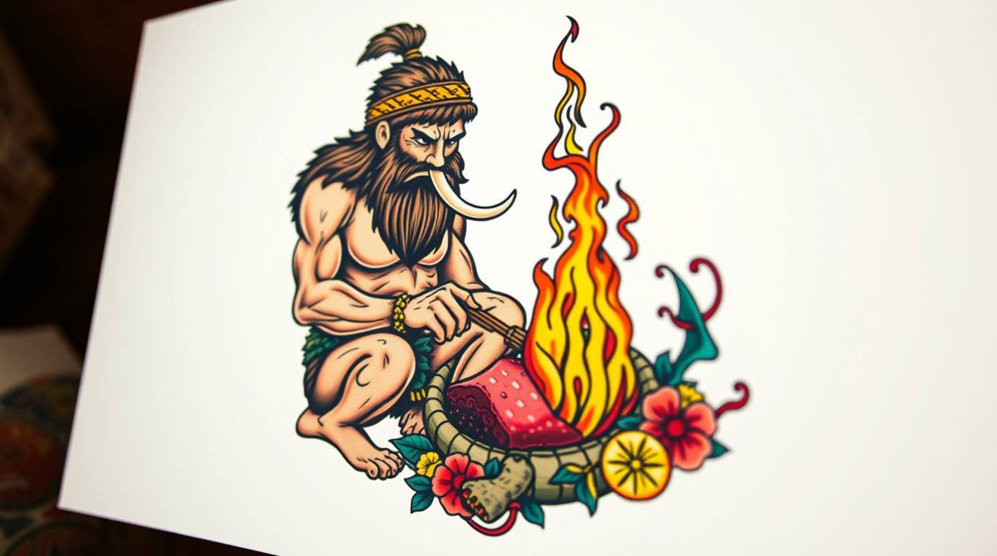 A striking piece of retro tattoo art depicting a caveman cooking mammoth meat.  This vibrant print features complex ornamenta