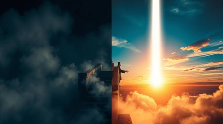 A lone figure ascends a stone staircase bathed in a divine beam of light, amidst swirling smoke and a breathtaking sunset sky