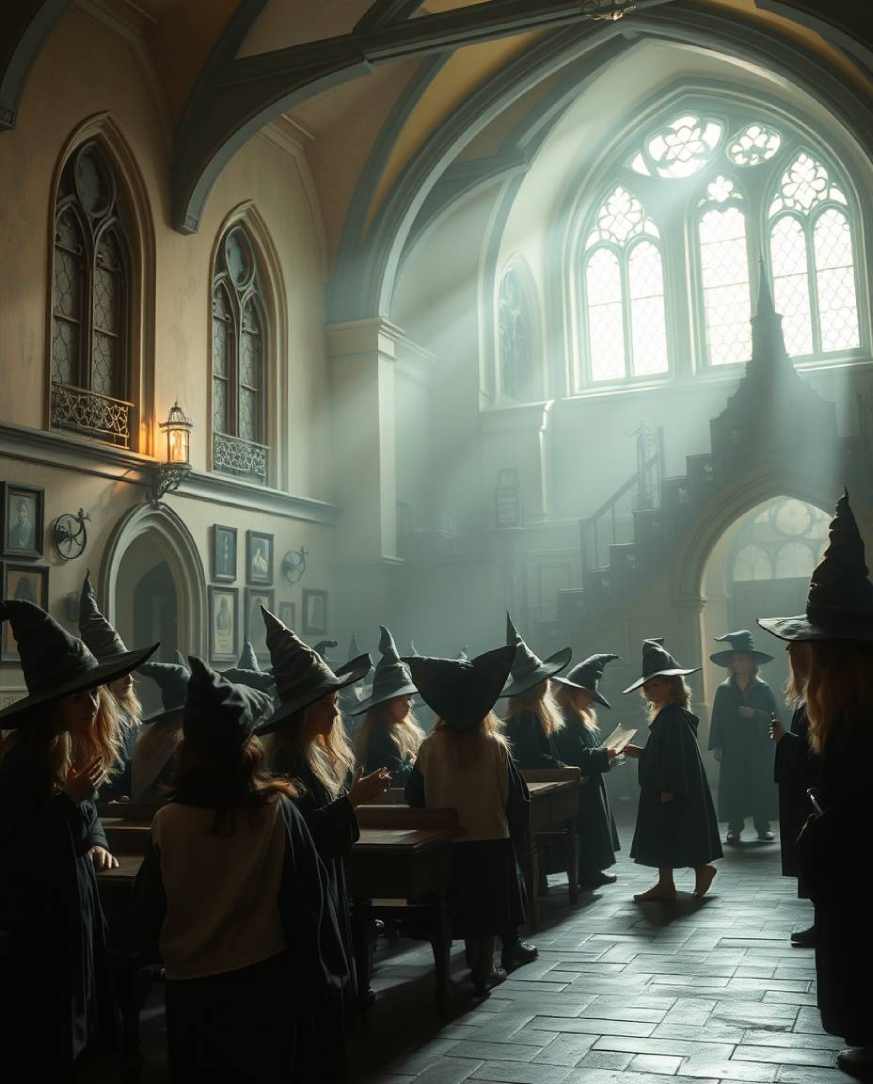 Step into a whimsical world of young wizards at a magical school bathed in soft pastel hues and dramatic shadows. This dreamy