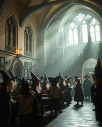 Step into a whimsical world of young wizards at a magical school bathed in soft pastel hues and dramatic shadows. This dreamy