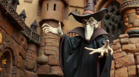 A captivating papier-mâché sculpture depicting a classic Disney villain casting a spell within an old castle.  The artwork fe