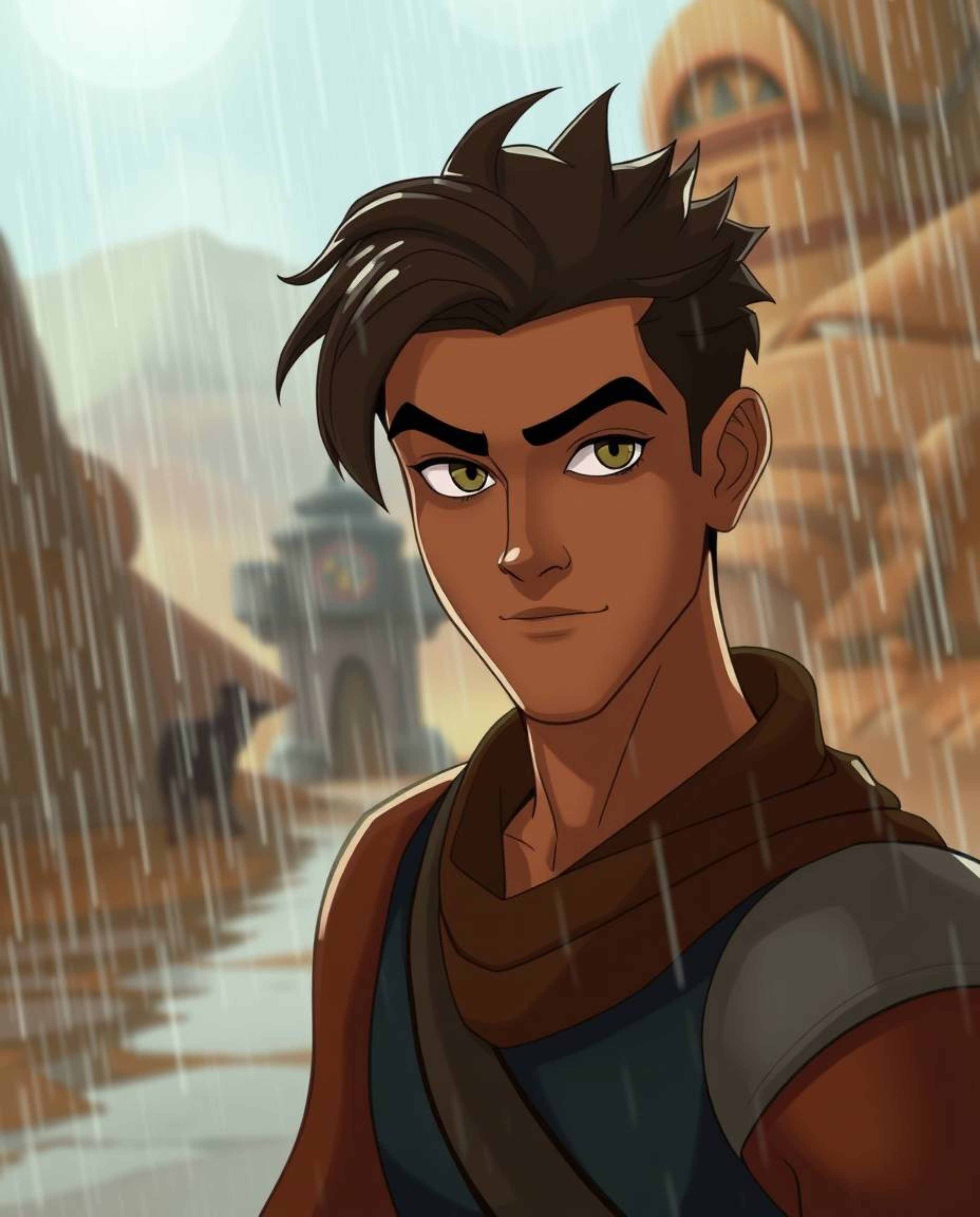 Embark on a breathtaking Disney-style desert adventure featuring a brave, graceful, and elegant hero with refined facial feat