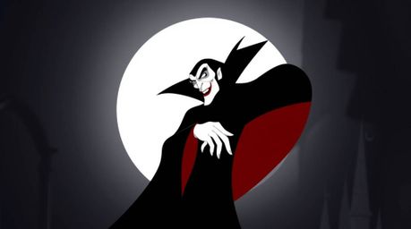 A geometric logo featuring a classic Disney villain with sharp features and pale skin, conjuring a spell within an old castle