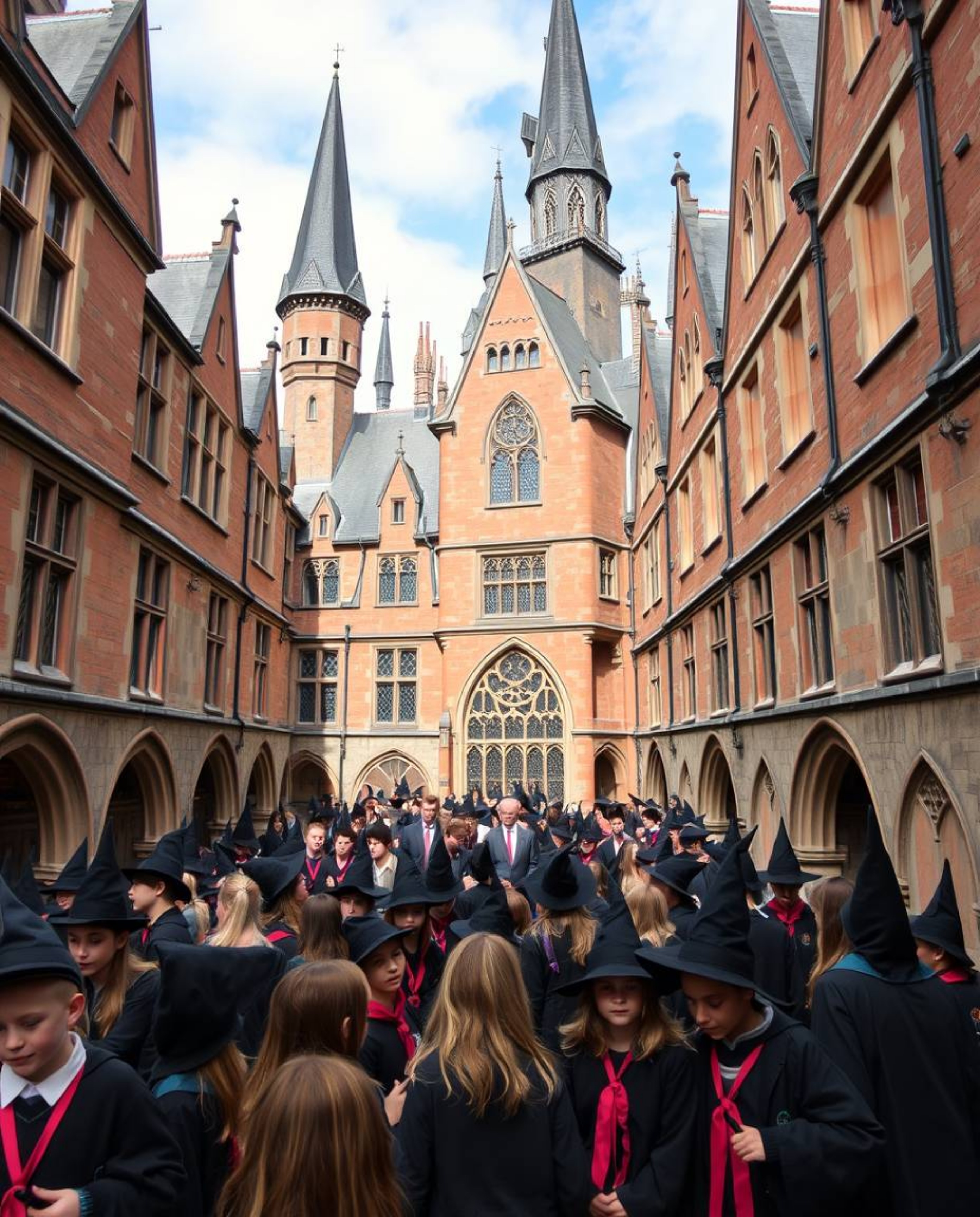 This architectural color photograph captures the enchanting essence of a magical school teeming with young wizards.  Featurin