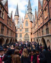 This architectural color photograph captures the enchanting essence of a magical school teeming with young wizards.  Featurin