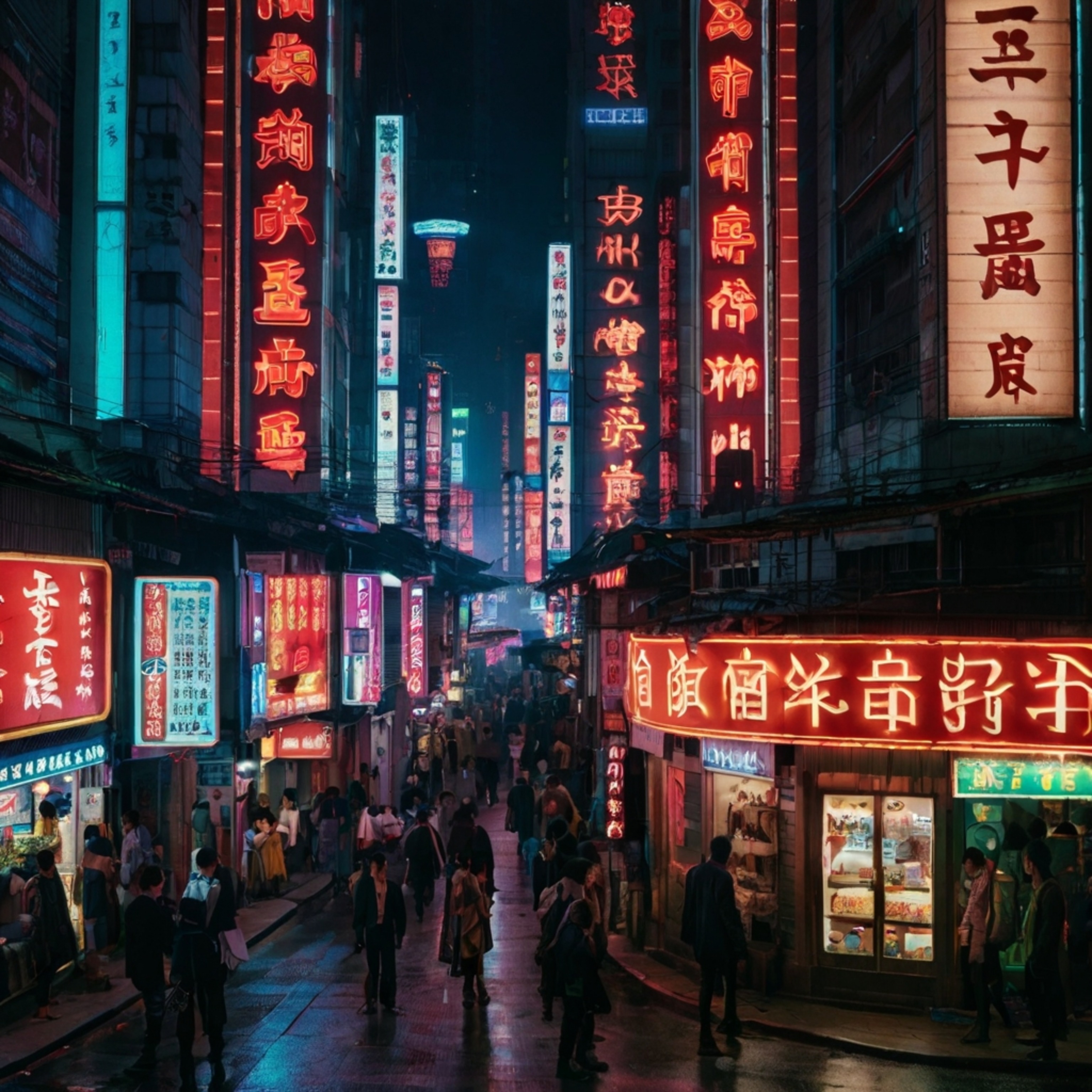 Experience the vibrant energy of a bustling street in a modern Asian megacity. Bright neon signs illuminate towering high-ri