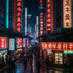 Experience the vibrant energy of a bustling street in a modern Asian megacity.  Bright neon signs illuminate towering high-ri