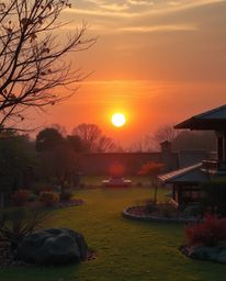 Experience an ethereal and spiritual photograph of a sunset over a serene Zen garden. Bathed in warm autumn colors, this imag