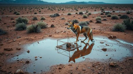 This high-resolution stock photo captures a coyote in a desert landscape, seen from above, meticulously setting up a comical 