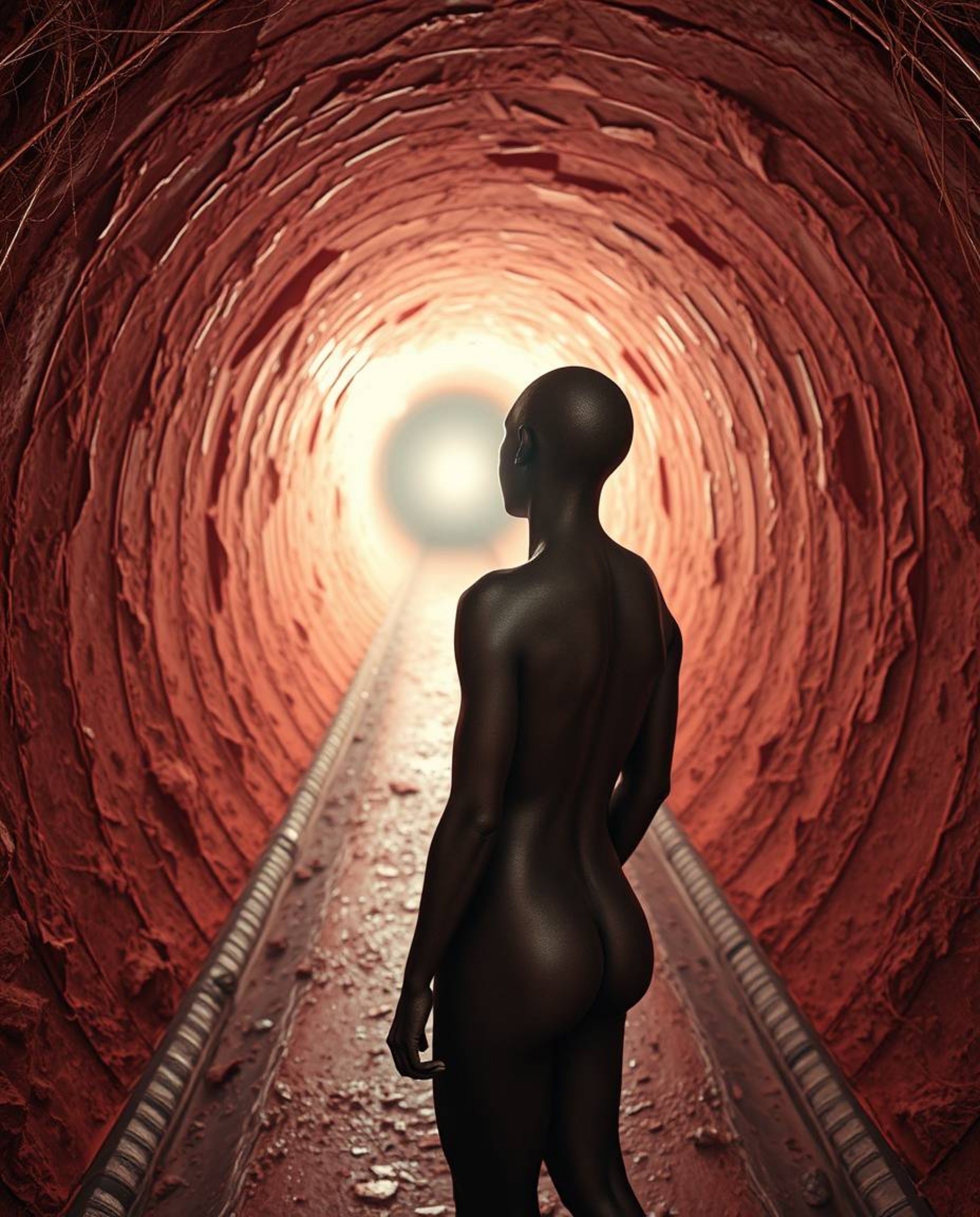 A captivating image featuring a cast bronze surface and surreal infrared tones. A figure with bronze-like skin stands at the 