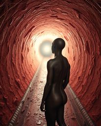 A captivating image featuring a cast bronze surface and surreal infrared tones. A figure with bronze-like skin stands at the 