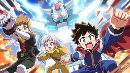 Witness three expressive, superpowered children engaging in a dramatic battle against a formidable robot.  Rendered in a vibr