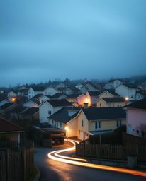 Discover a captivating long exposure photograph of a sleepy town, featuring pastel-colored houses bathed in dramatic, cinemat