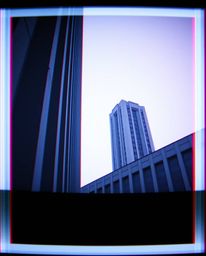 A captivating architectural photograph showcasing a detailed TV screen glitch.  The image features sharp lines and intricate 