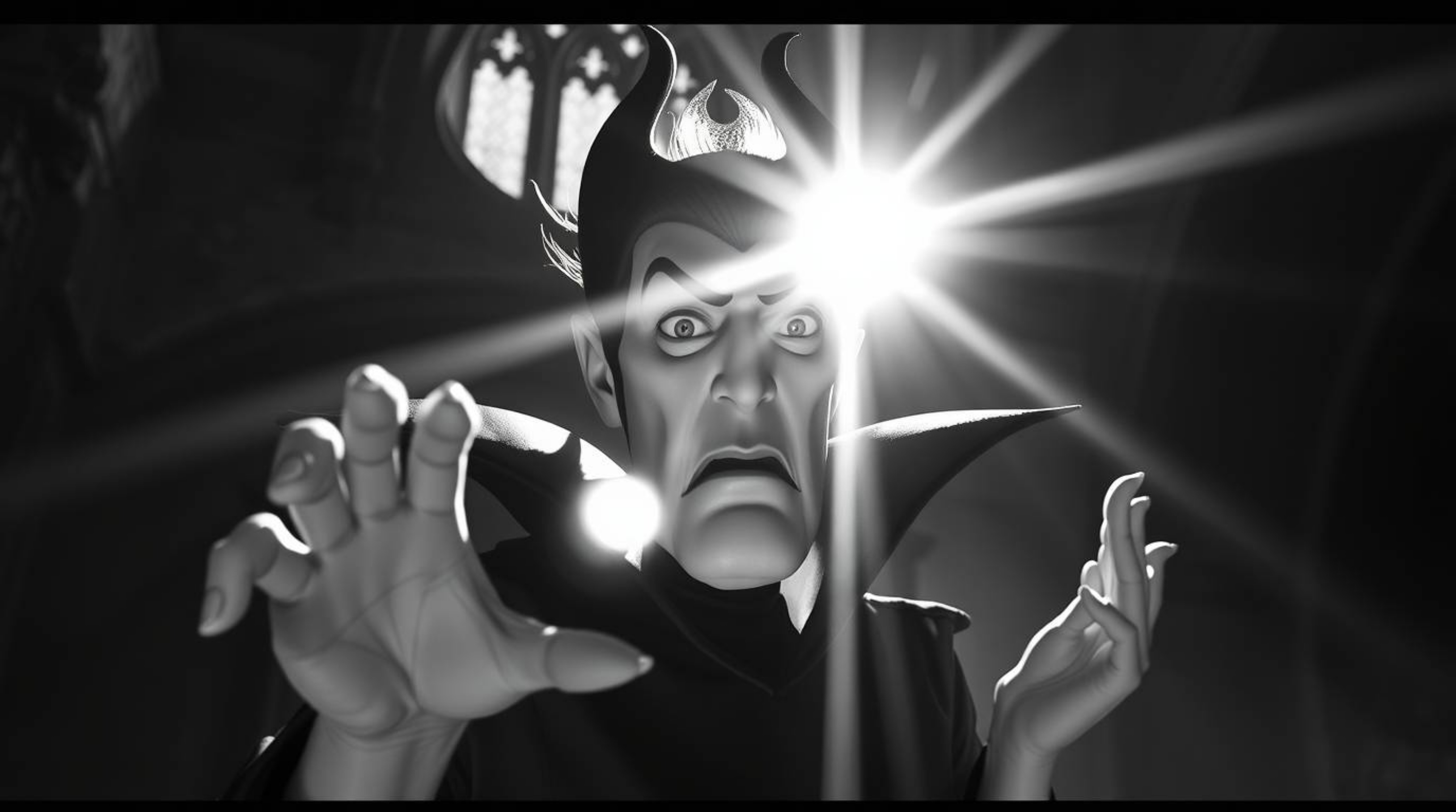 This striking black and white photograph captures a classic Disney villain with strong features and pale skin, casting a powe