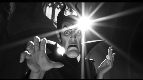 This striking black and white photograph captures a classic Disney villain with strong features and pale skin, casting a powe