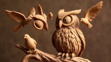 This captivating sculptural clay art depicts a blind owl, rendered in a charming Pixar style, dedicated to teaching birds how