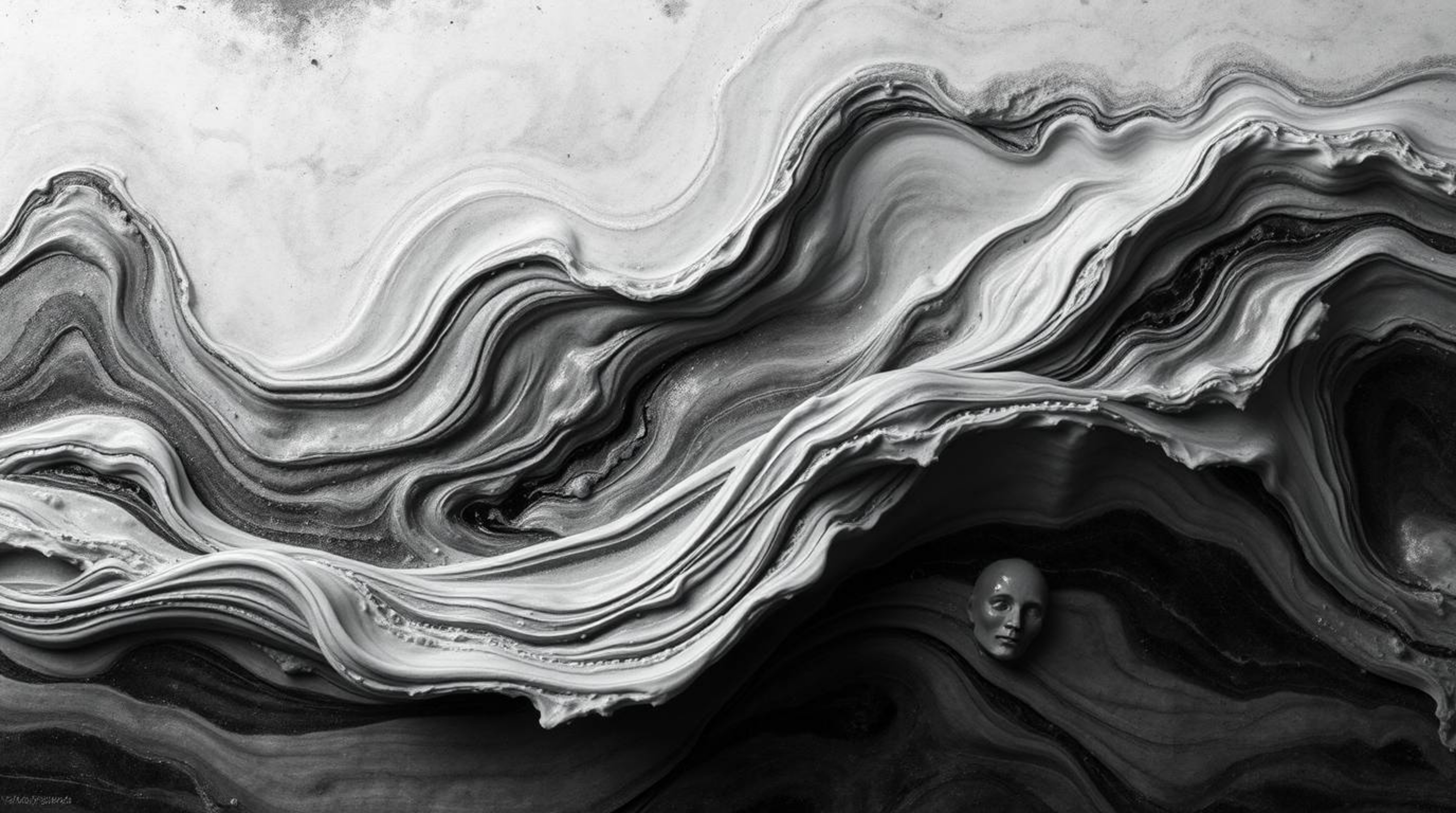A captivating black and white photograph depicts a fluid abstract wave, textured with a pastel gradient and cast in bronze.  